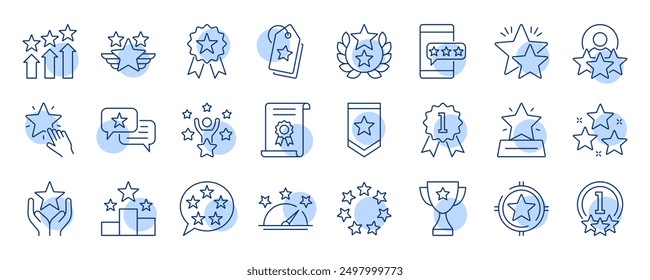 Vector icons ranking. Blue badge of high quality products, prize in competition first place. Success in achieving goal winner. Certificate of quality approval from customers. Editable stroke line set.