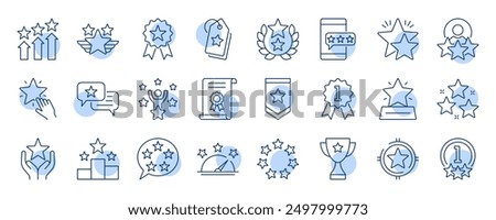 Vector icons ranking. Blue badge of high quality products, prize in competition first place. Success in achieving goal winner. Certificate of quality approval from customers. Editable stroke line set.