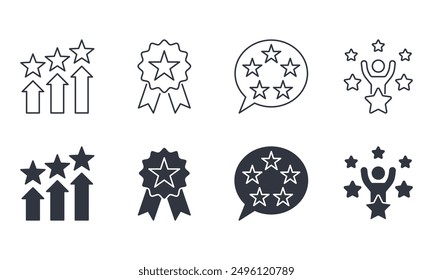 Clasificación de iconos vectoriales. Línea y símbolos sólidos editable trazo. Premio primer lugar, revisión de cinco estrellas, medalla de insignia, ganador del premio del podio. Ilustración de stock sobre fondo blanco