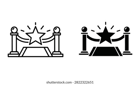Vector icons of a red carpet entrance with stanchions and a star.