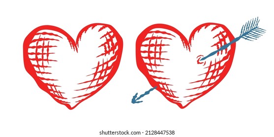 Vector icons of red hearts for Valentine's Day in hand drawing style. Vector illustrations of red heart with arrow in doodle style.
