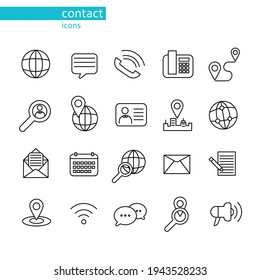 Vector icons related to contact. They are: globe, balloon words, phone, path, gps, magnifying glass, badge, city, open letter, closed letter, paper with pen, location, wifi, spotlight, megaphone, cell