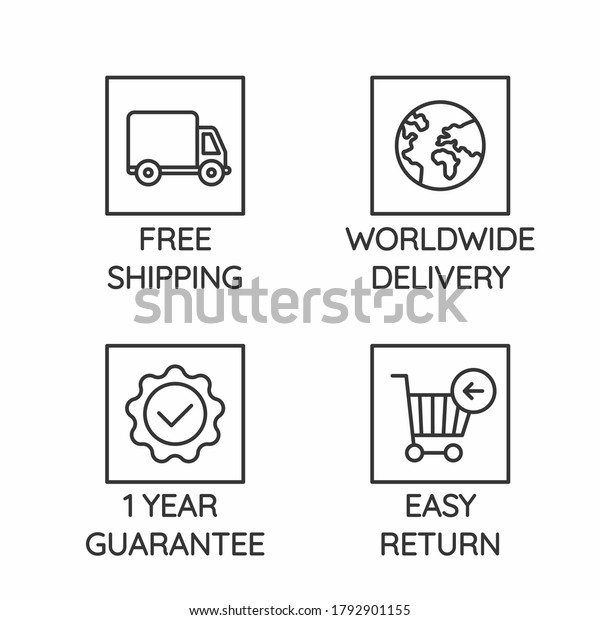 Vector\
icons related to e-commerce and online shopping - free shipping,\
worldwide delivery, 1 year guarantee, easy\
returns