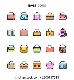 Vector icons related to fashions and bags. Symbols such as various type of bag: handbag, sports bag, backpack and stylish bag are included in this set. Layered and still looks perfect in 32x32px.