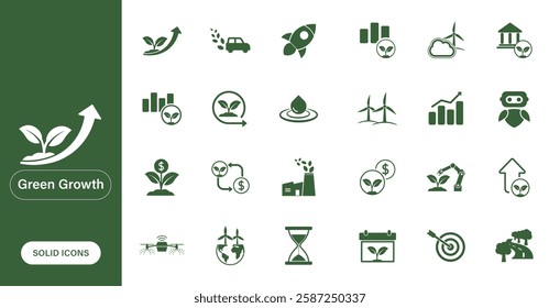 Vector icons related to green growth, sustainable development, green economy, and environment. Solid icons in a minimal and lightweight style