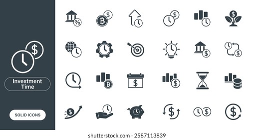 Vector icons related to investment time, business finance, analysis and cash flow. Solid icons in a minimal, lightweight style.