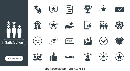 Vector icons related to satisfaction, customer reviews, positive feedback, and business success. Solid icons in a minimal and lightweight style.