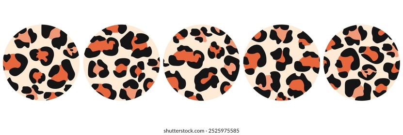 Iconos vectoriales para historias relacionadas. Pegatinas con estampado animal. Estampado de leopardo en tonos cálidos para historias.