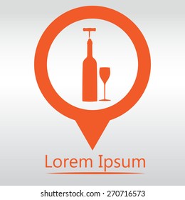 vector icons related to wine including wine bottle, wine glass, corkscrew. icon map pin.