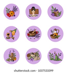 Vector icons relaxation, spa, massage, organic cosmetic, wellness therapy, natural cosmetics, bio, health and body care,  alternative medicine. Violet Lavender coloure  