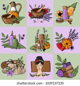 Vector icons relaxation, spa, massage, organic cosmetic, wellness therapy, natural cosmetics, bio, health and body care,  alternative medicine. Violet Lavender coloure  
