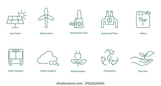 Vector Icons of Renewable Energy and Sustainable Environmental Practices
