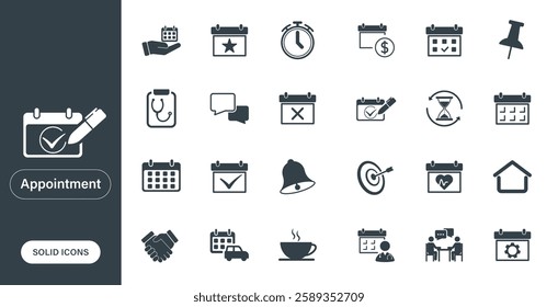Vector icons representing appointments, calendars, and time, designed as solid icons in a minimalist style.