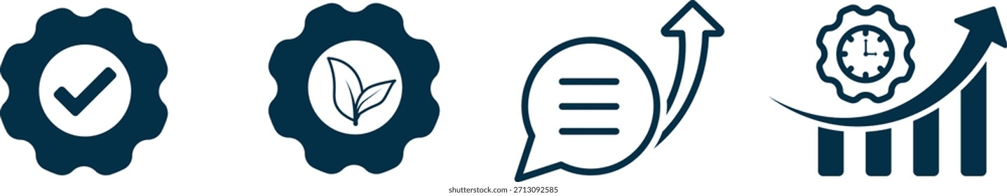 Vektorsymbole, die Geschäftswerte darstellen: Qualitätssicherung, ökologische Nachhaltigkeit, Kommunikationswachstum und zeiteffiziente Produktivität. Sauberes Design, ideal für Infografiken, Apps und visuelle Medien des Unternehmens