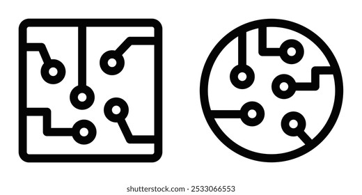 Vector icons representing circular and square circuit boards, ideal for technology, electronics, or digital themes. Editable stroke.