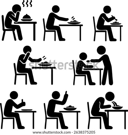 Vector icons representing different eating experiences—sitting at the table, experiencing loss of appetite, and receiving feeding support. 