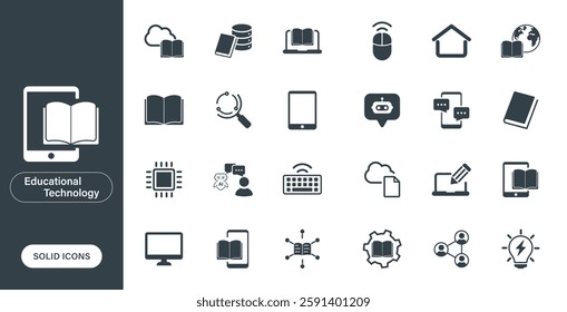 Vector icons representing educational technology, chatbots, e-books, and computers, designed as solid icons in a minimalist style.