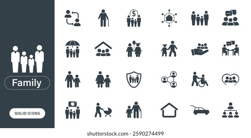 Vector icons representing family, people, connections, and love, designed as solid icons in a minimalist style.