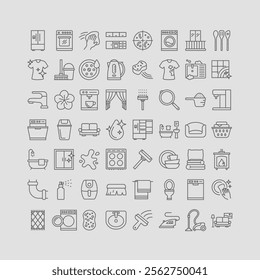 Vector Icons Representing Household and Cleaning Items Including Washer, Fridge, Bathroom, and More