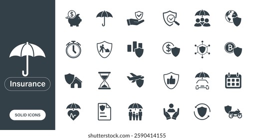 Vector icons representing insurance, financial protection, compensation, and health, designed as solid icons in a minimalist style.