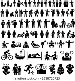 Vector icons representing a range of emotional and physical states, including discomfort, pain, blurred vision, bipolar disorder, and urination, etc