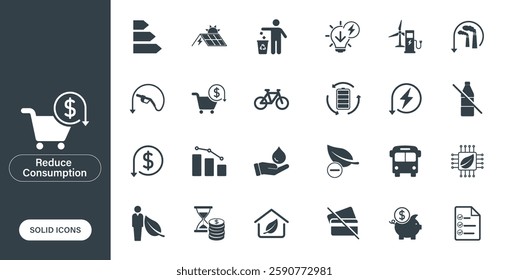 Vector icons representing reduced consumption, save money, protect the environment, and live green, designed as solid icons in a minimalist style.