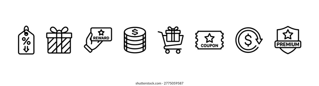 Vector icons representing retail incentives and loyalty programs in a clean bold outline style, featuring a discount tag, gift box, reward card, stacks of coins, shopping cart, premium ticket, membership badge, and cashback symbol.