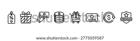 Vector icons representing retail incentives and loyalty programs in a clean bold outline style, featuring a discount tag, gift box, reward card, stacks of coins, shopping cart, premium ticket, membership badge, and cashback symbol.