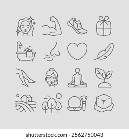 Vector Icons Representing Self-Care Themes Including Hair Care, Exercise, Meditation, and More