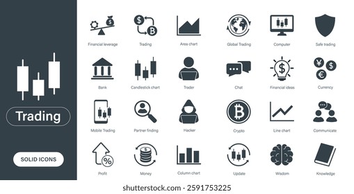 Vector icons representing trading, finance, investment, and analysis, designed as solid icons in a minimalist style.