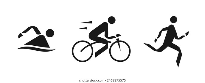 Vector icons, representing the triathlon sports of swimming, running and cycling on a white background