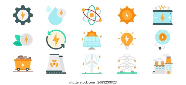 Iconos vectoriales que representan varias fuentes de energía y Tecnologías, incluidas la energía solar, eólica e hidroeléctrica, en una paleta de colores inspiradora moderna
