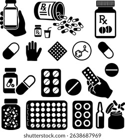 Vector icons representing various types of medication, including pills, capsules, vials, vitamins, and supplement containers.