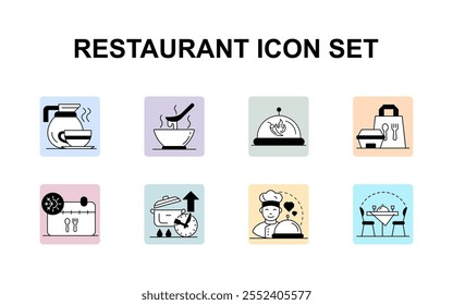 Vector icons for restaurant themes. Includes illustrations for drinks, dishes, takeaway, seasonal offerings, meal preparation, and cozy dining setups.