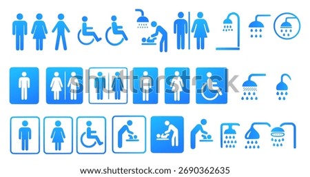 Vector icons of restroom and shower facilities: male, female, unisex, accessible, baby changing. Clean blue-white design for signage, apps, architecture, and public infrastructure.