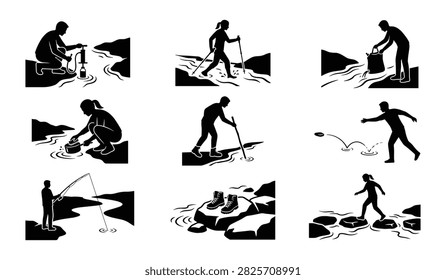 Vector icons of river activities like water filtration stone skipping fishing and crossing streams in wilderness