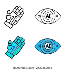 Iconos vectoriales de mano de robot y ojo de IA, en versiones en blanco y negro y color, para temas de tecnología e innovación.