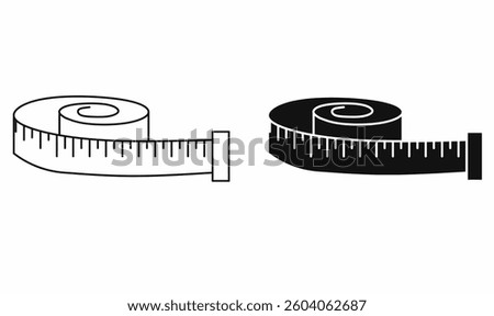 Vector icons of a rolled measuring tape in outline and solid styles. Ideal for sewing, tailoring, fashion design, DIY tools, and measurement-related graphics.