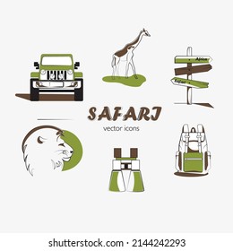 vector icons safari, desert, africa, sand color, king of beasts, lion, giraffe, jeep safari, backpack, hiking, binoculars,vector icons safari, desert, africa, sand color, king of animai, lion, giraffe