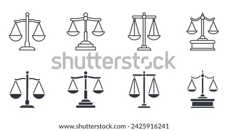 Vector icons scales of justice. Set symbols editable stroke. Line and silhouette icons. A sign of justice, fair trial and law. Equal rights for all sides. Stock illustration on a white background.