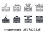 Vector icons school building. Editable stroke thin line and black solid set. Teaching children building with flag, words School and clock. Stock illustration.