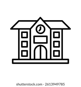 Vector icons school building. Editable stroke thin line and black solid set. Teaching children building with flag, words School and clock. Stock illustration.