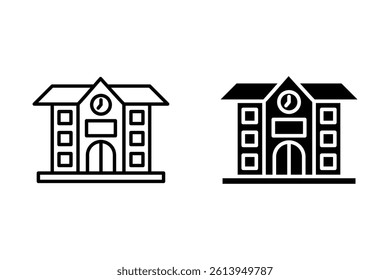 Vector icons school building. Editable stroke thin line and black solid set. Teaching children building with flag, words School and clock. Stock illustration.