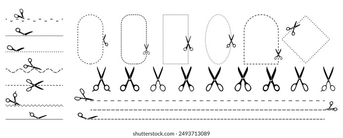 Vector Icons of Scissors and Cut Line Designs for Craft, Design, and Editing