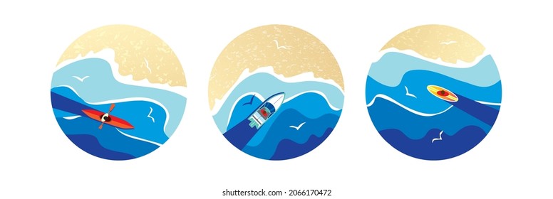 Vector icons with sea, coast and waves. A yacht, canoe, boat, kayak, surfing, standup paddleboarding sail on the sea. 