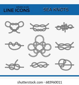 Vector Icons of Sea Knot Collection. Editable stroke design elements for seafood restaurant menu. Set of logotypes templates for climbing, rope access, yacht club and insurance firm.