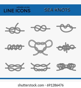 Vector Icons of Sea Knot Collection. Editable stroke design elements for seafood restaurant menu. Set of logotypes templates for climbing, rope access, yacht club and insurance firm.