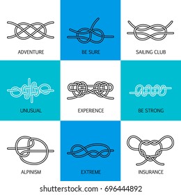 Vector Icons of Sea Knot Collection. Editable stroke design elements for seafood restaurant menu. Set of logotypes templates for climbing, rope access, yacht club and insurance firm.