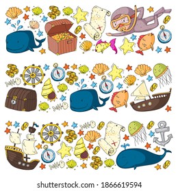 Vector icons of sea ocean adventure for little children. Nautical pattern for kids. Whale, pirates, pirate map, treasure chest, diving and fishes.