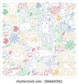 Vector icons of sea ocean adventure for little children. Nautical pattern for kids. Whale, pirates, pirate map, treasure chest, diving and fishes.